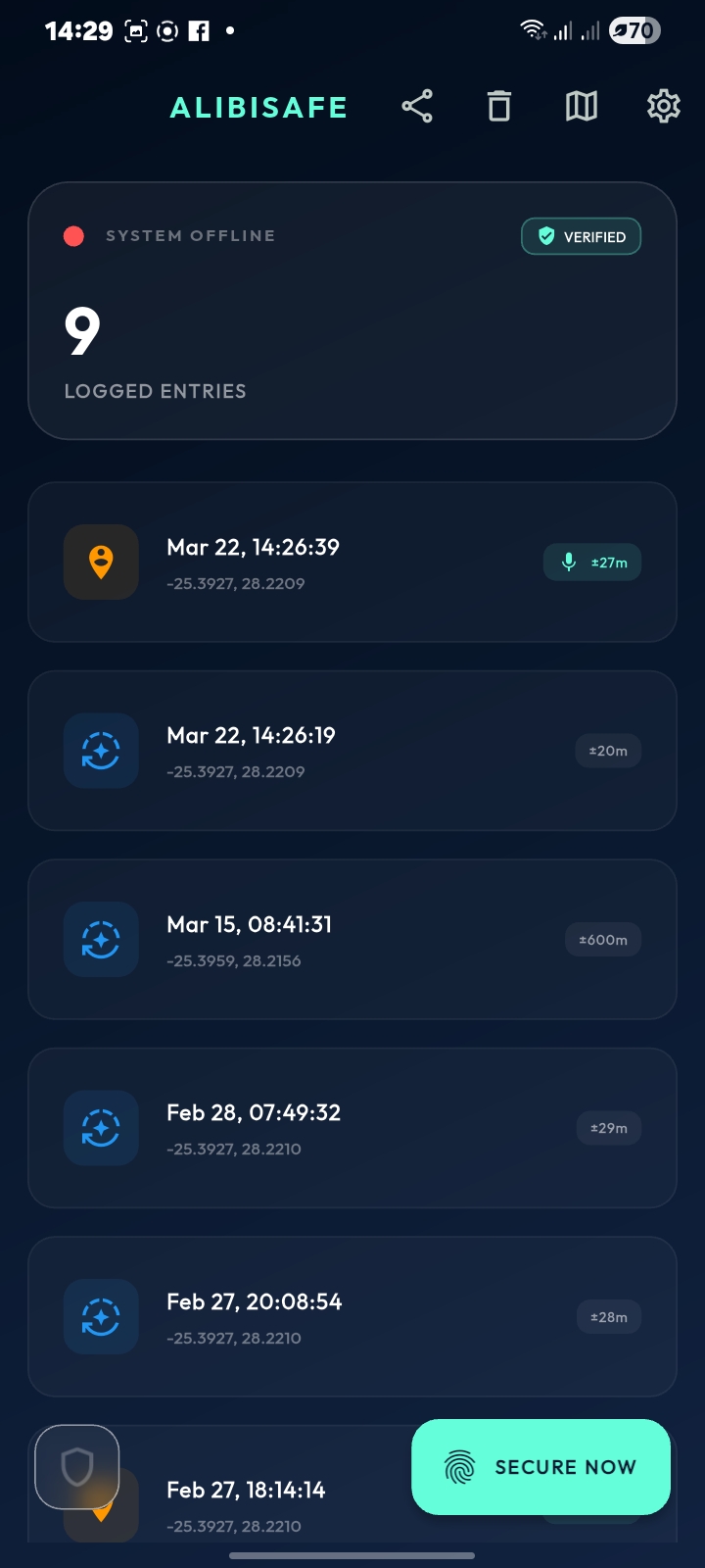 AlibiSafe Activity Screen